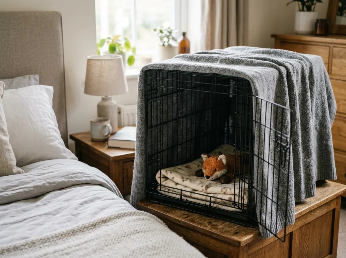 A wire dog crate draped with a soft gray blanket over the top and three sides, a small folded fleece mat and a plush toy inside, positioned on a low n