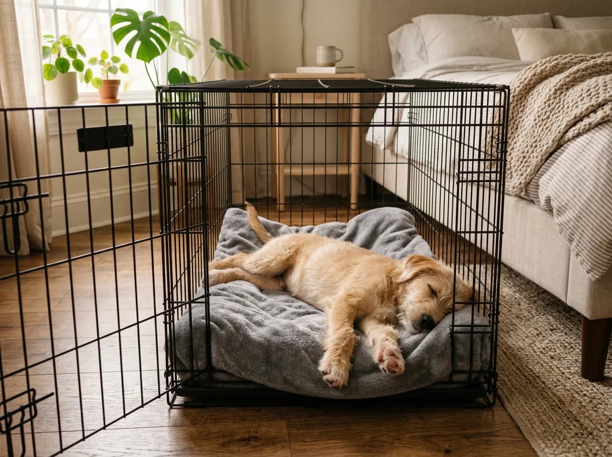 An older four-month-old puppy sleeping soundly and stretched out inside an open crate in a sunlit morning bedroom, relaxed posture, showing a puppy th