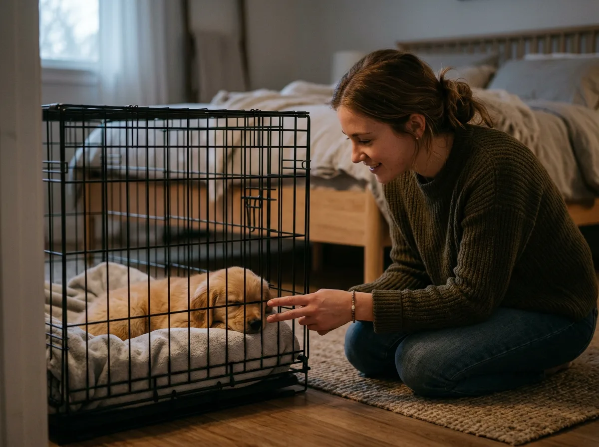 A calm new puppy owner kneeling on a bedroom floor beside a crate in low light, gently reaching two fingers through the crate bars to reassure a settl
