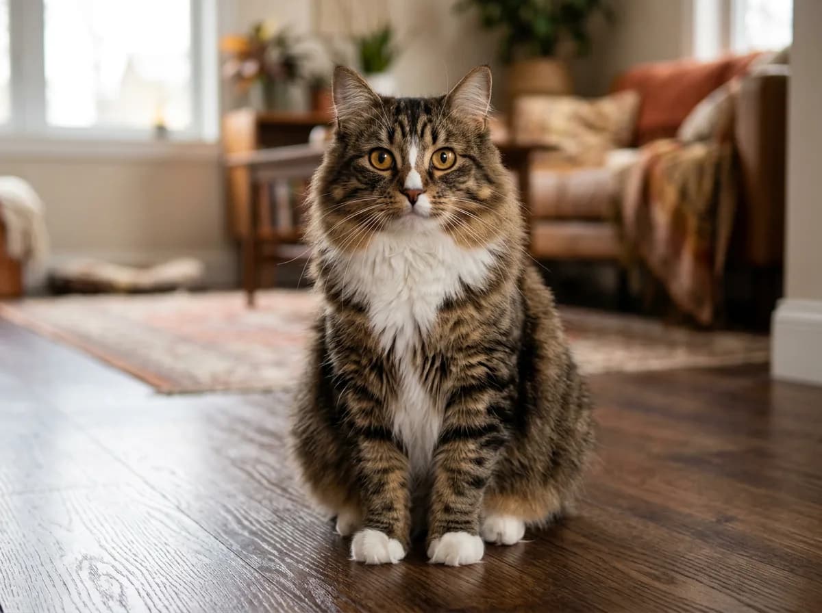 A long-haired brown tabby and white Cymric cat sitting upright on a wooden floor, showing its plush semi-long double coat and neck ruff