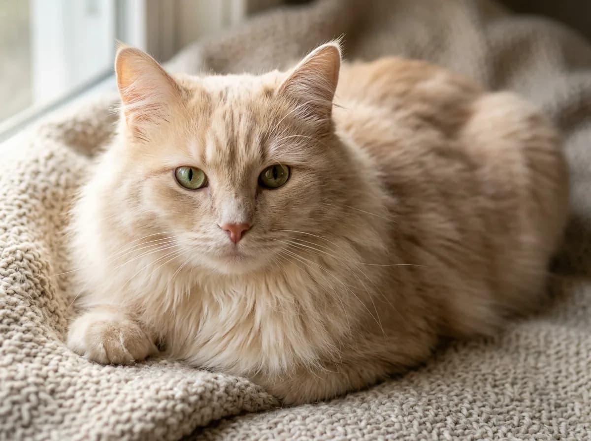 Close-up of a cream Cymric cat lying on a soft knit blanket, showing the silky semi-long double coat and fluffy neck ruff
