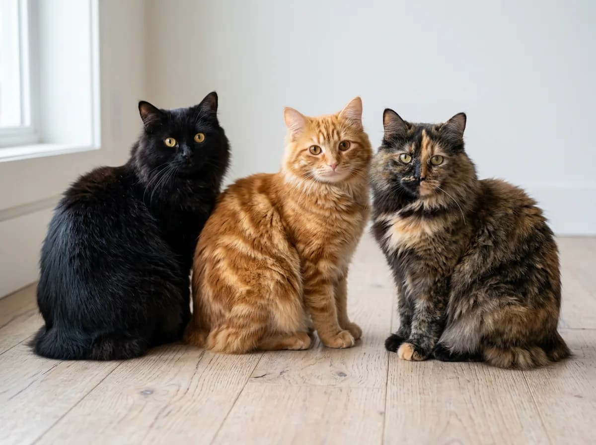 Three long-haired Cymric cats in different colors, solid black, orange tabby, and tortoiseshell, sitting together on a pale floor