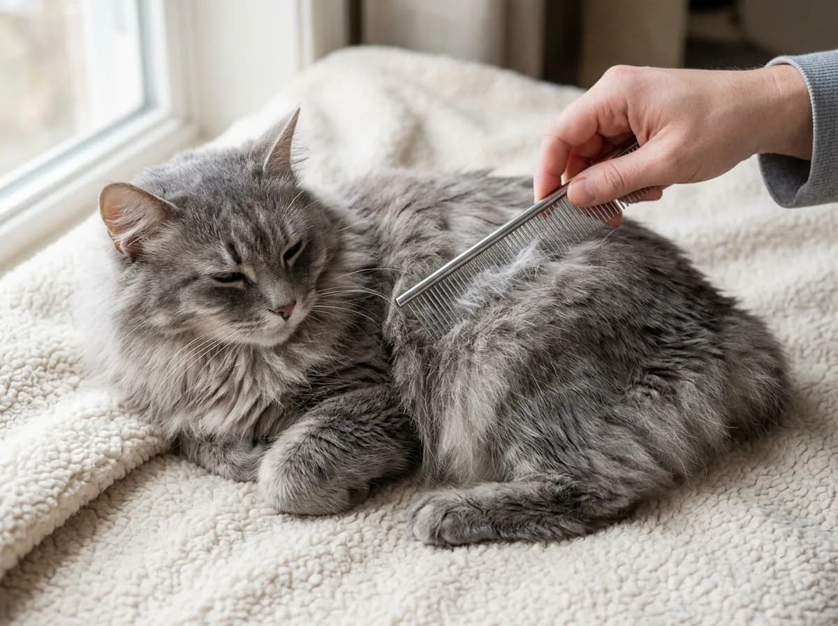 A hand combing a relaxed grey long-haired Cymric cat with a steel grooming comb, loose fur on the comb, the cat lying on a blanket
