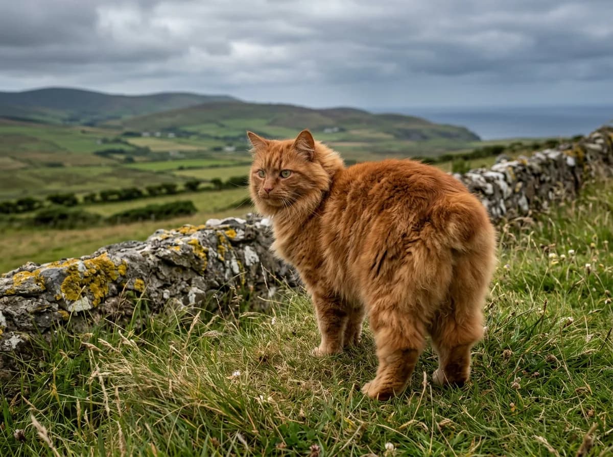 A long-haired red Cymric cat standing on windswept grass beside a stone wall, tailless rump visible, evoking the Isle of Man