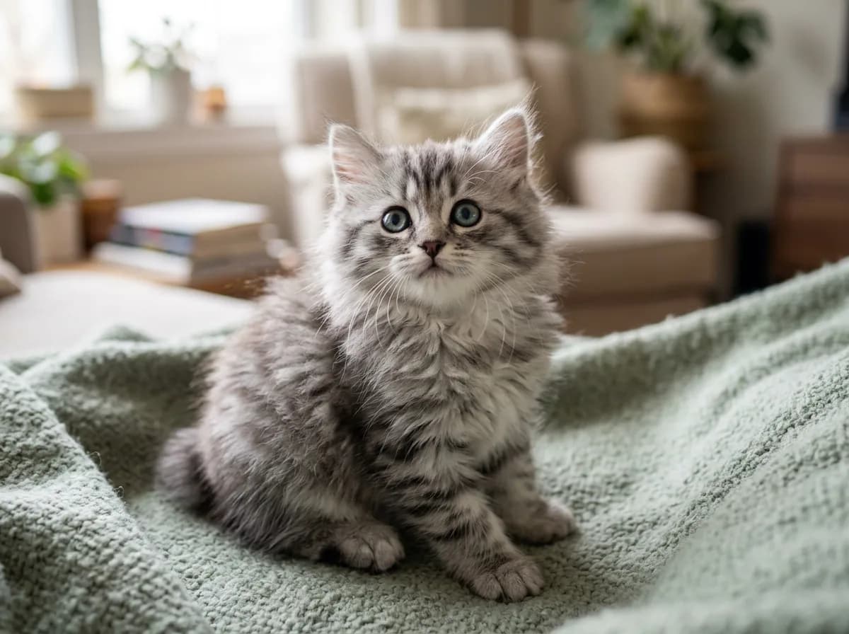 A fluffy silver tabby Cymric kitten with a rounded tailless body sitting on a soft green blanket, looking up at the camera
