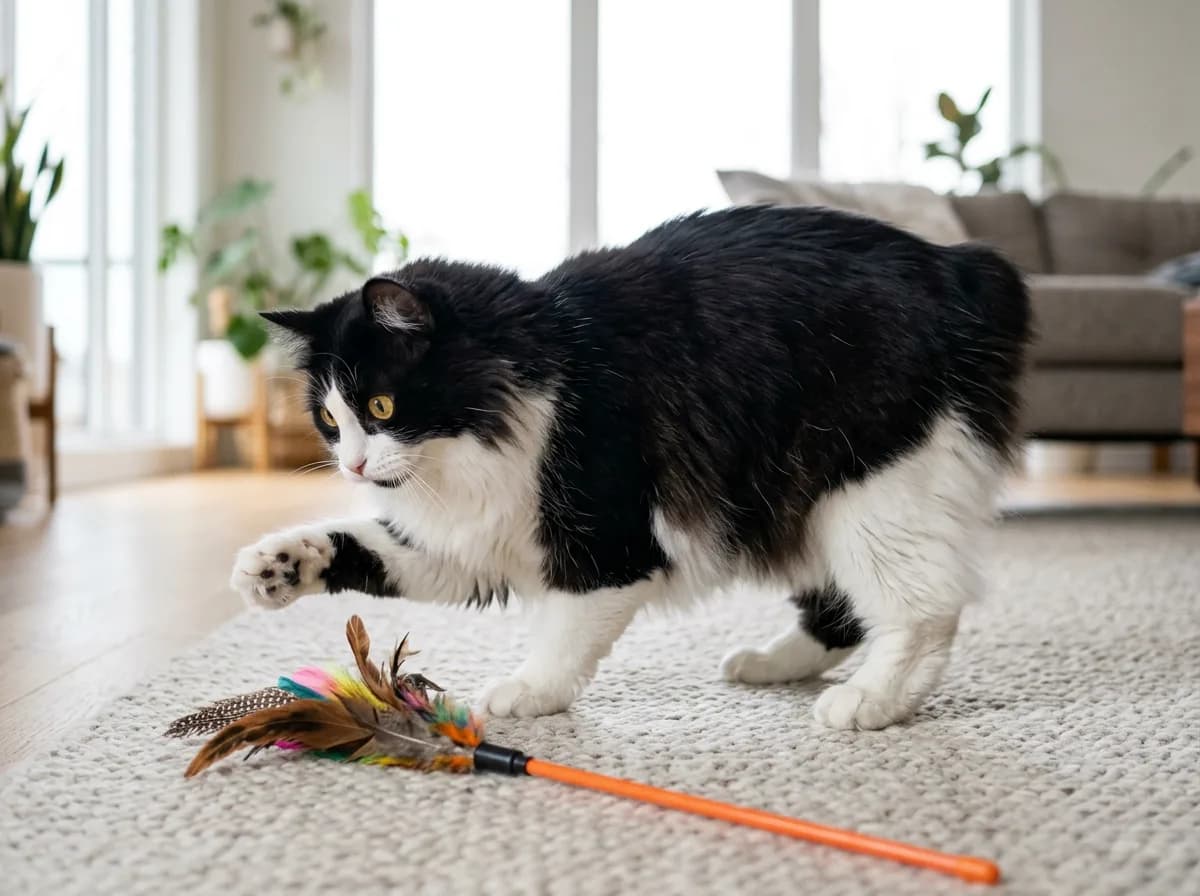 A long-haired tuxedo Cymric cat crouched mid-pounce over a feather wand toy in a bright living room, smooth tailless rump visible