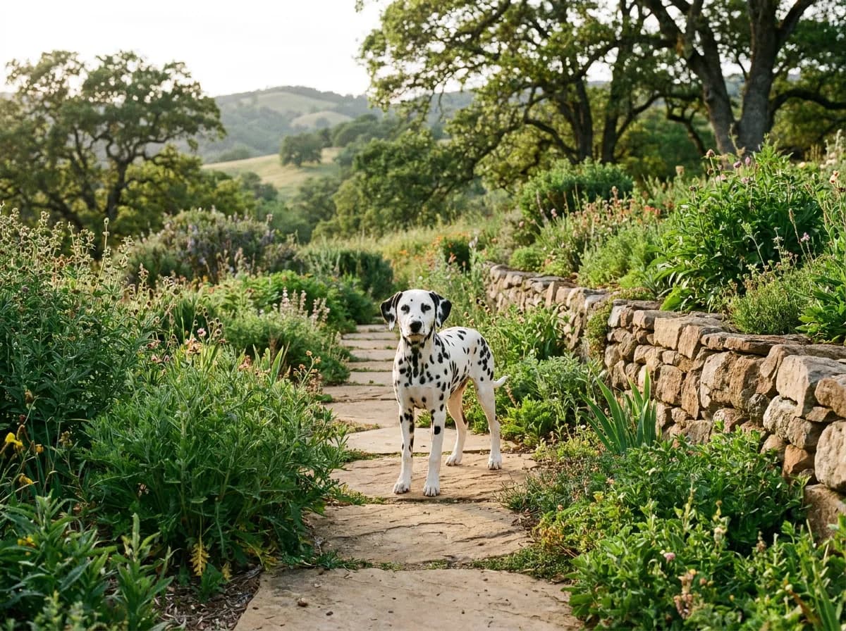 Young black-spotted Dalmatian standing on a stone path through a garden.