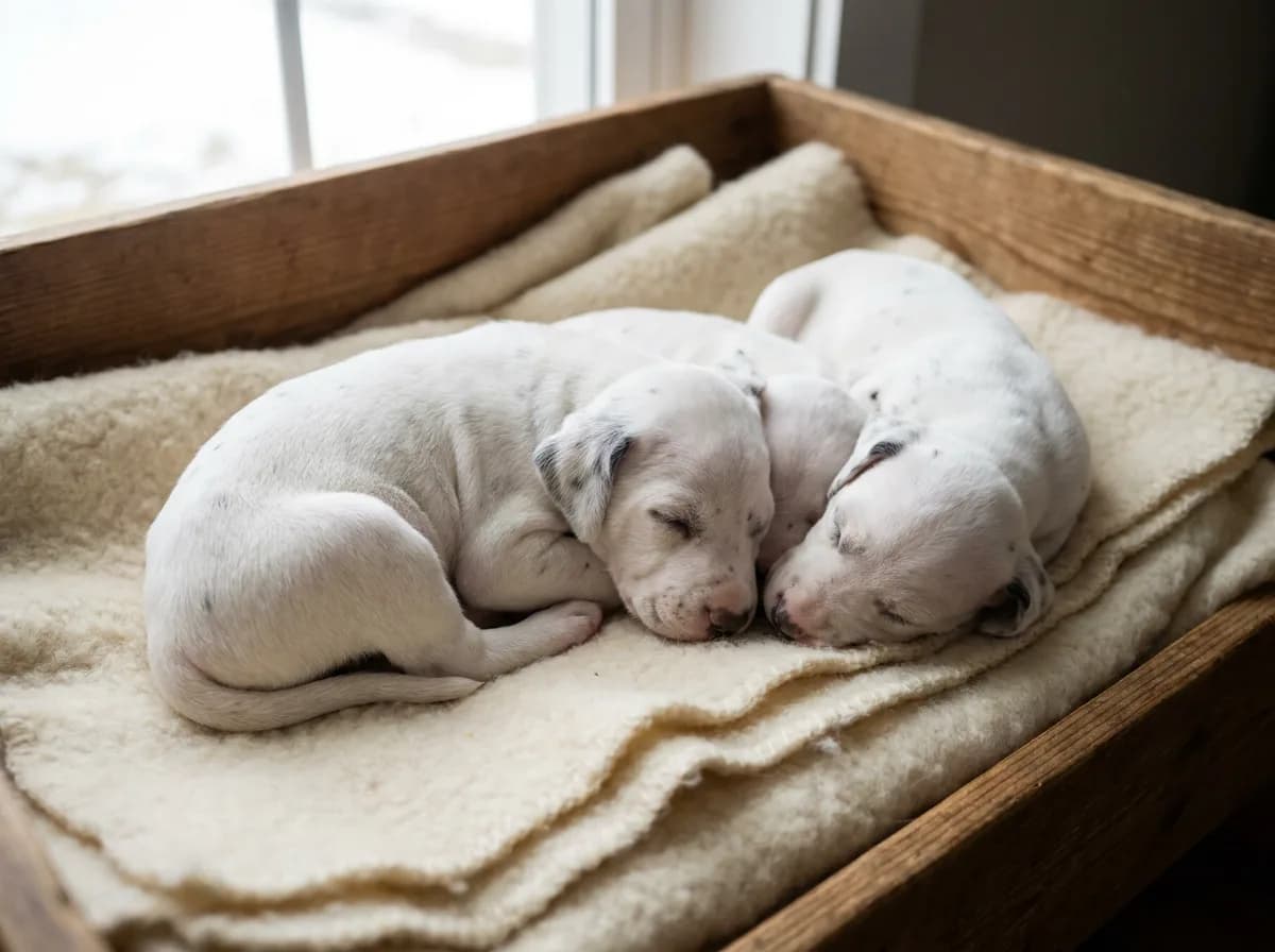 Two very young, mostly white Dalmatian puppies sleeping together on pale blankets.