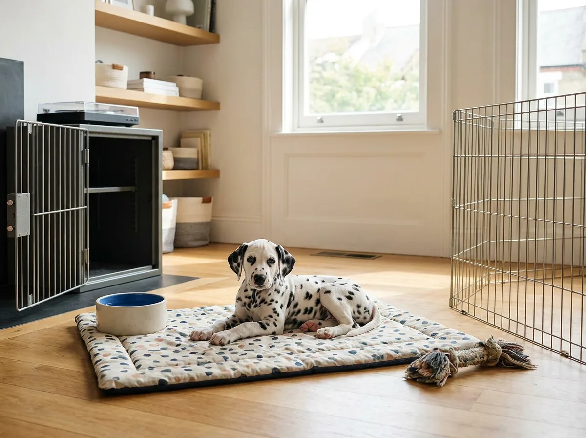 Dalmatian puppy resting on a patterned mat beside a water bowl and open crate.