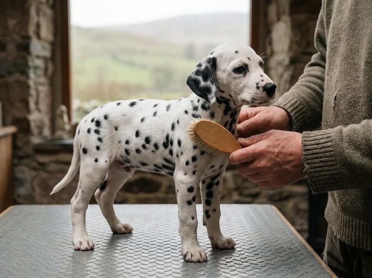 Dalmatian puppy standing on a textured mat while an adult brushes its shoulder.