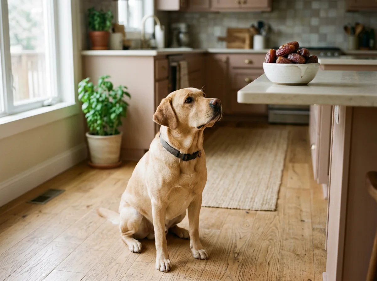 A tan Labrador looking up at a bowl of pitted dates, illustrating can dogs eat dates safely in moderation.