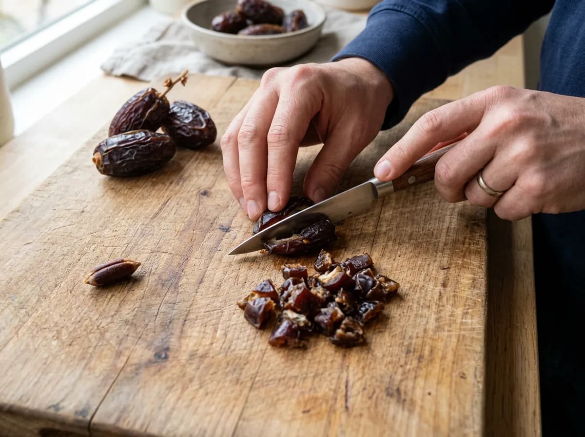 Hands slicing a pitted date into small pieces with the removed pit set aside, showing safe date prep for dogs.