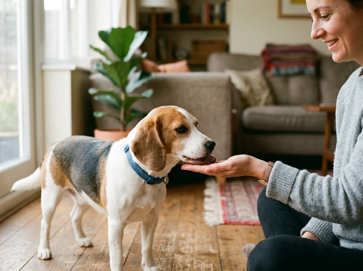 A beagle taking a small piece of date from a person's hand, showing a safe portion size for feeding dates to dogs.