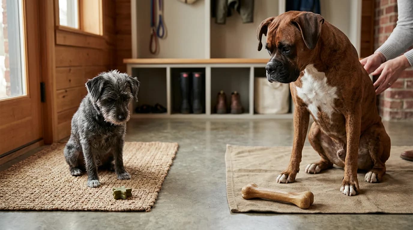 A small dog and a large dog with appropriately sized dental chews.