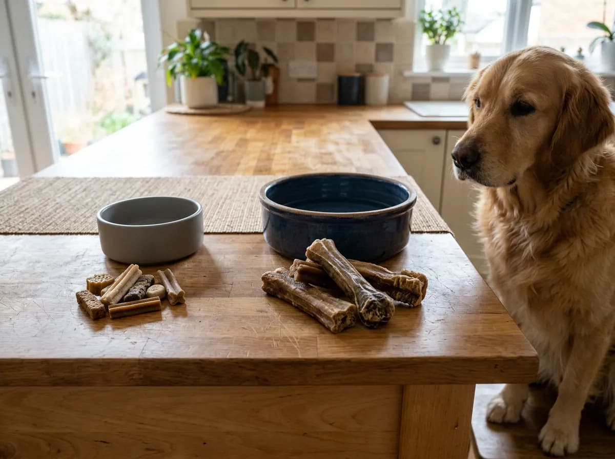 Small and large unbranded dog dental chews compared beside food bowls.