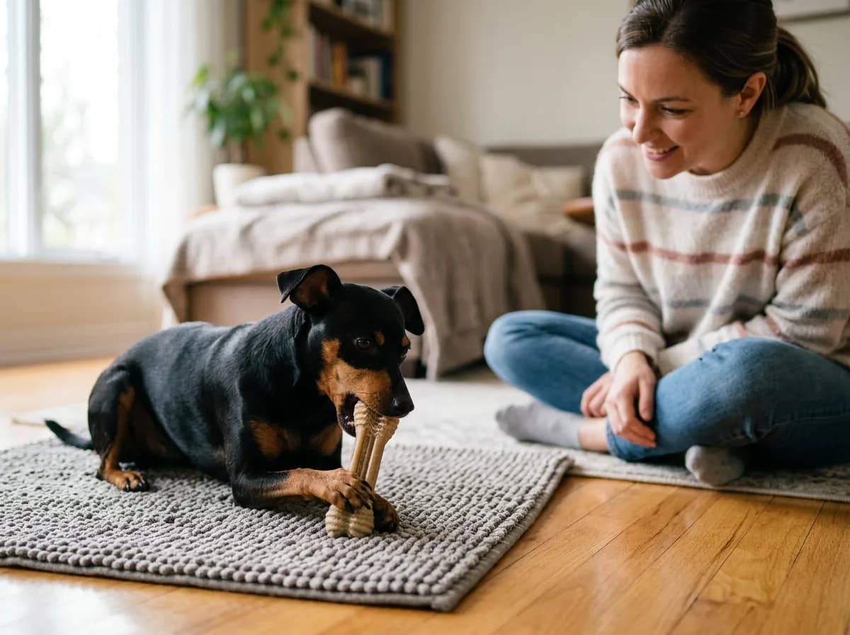 A small dog holding a properly sized dental chew while supervised.