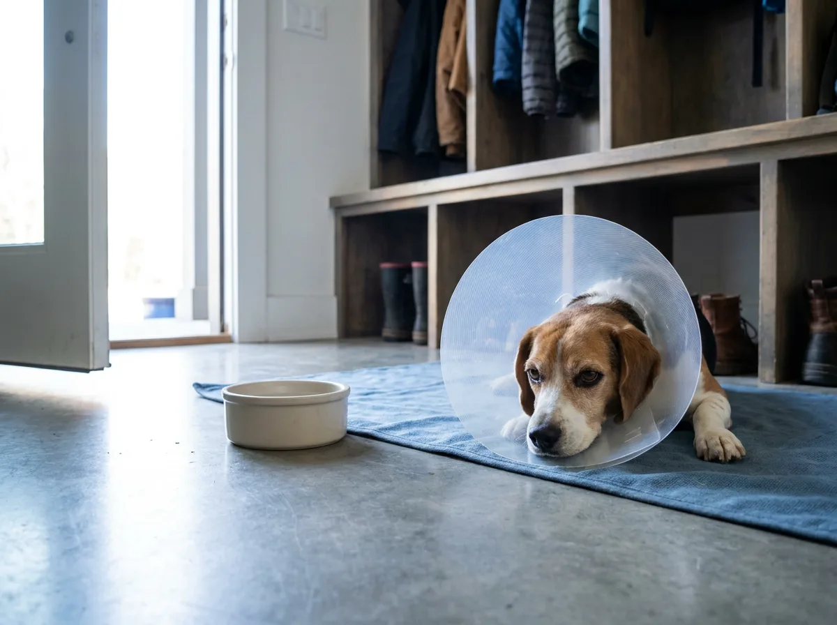 Beagle resting on a low blue mat while wearing a translucent protective collar.