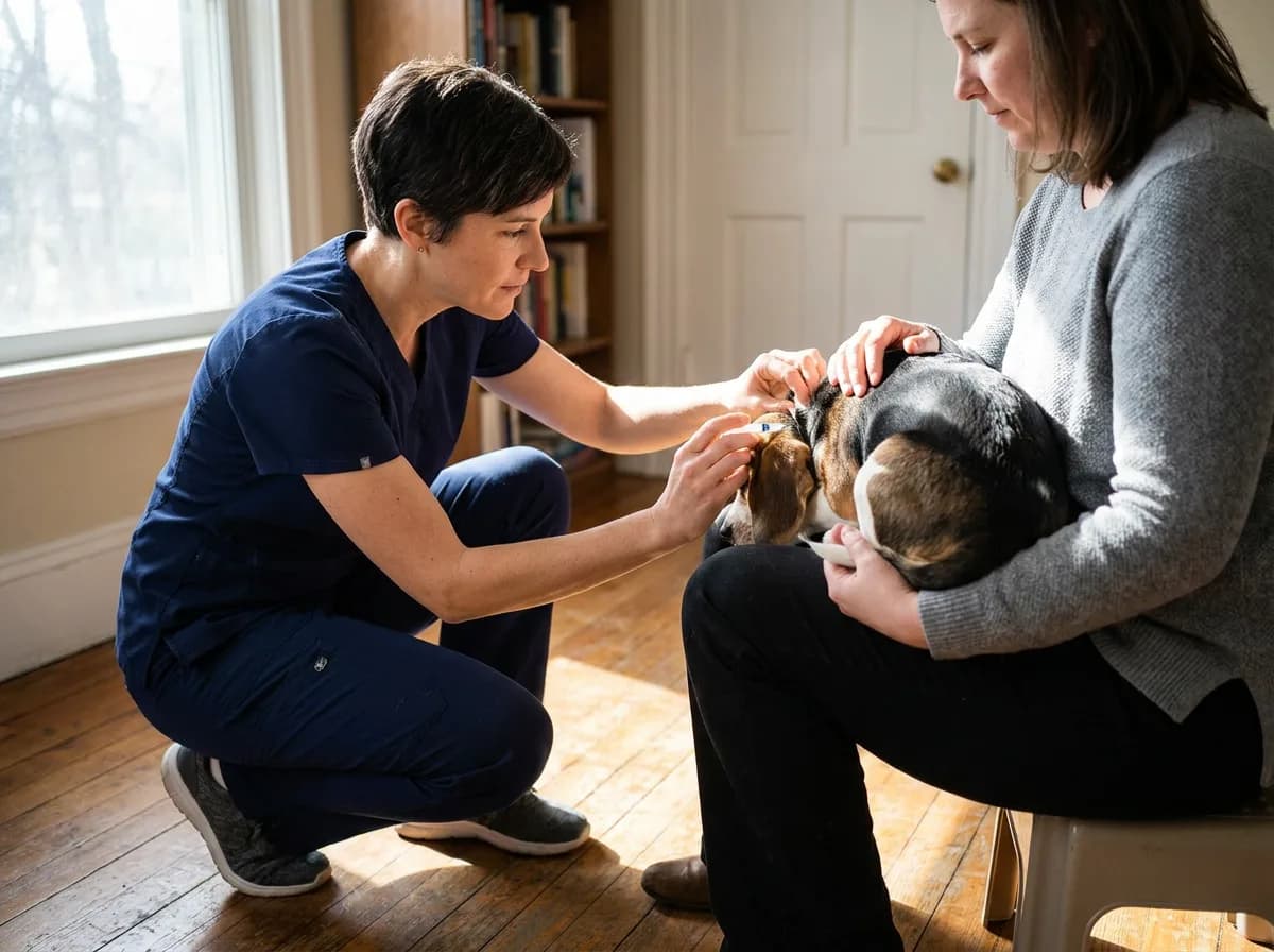 Veterinarian in navy scrubs examining a tricolor beagle puppy held on its owner's lap in a sunlit room