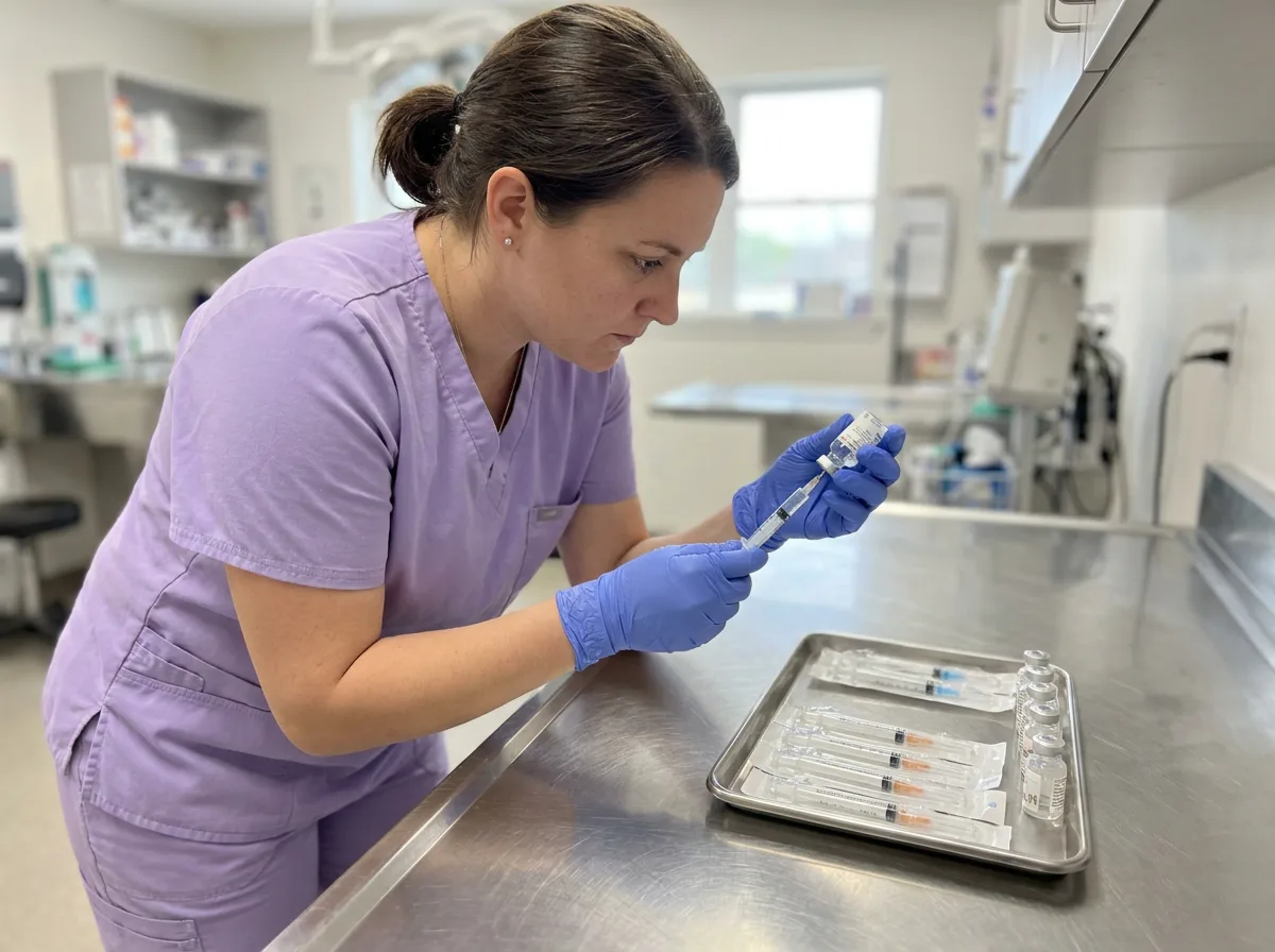 Veterinary technician in lavender scrubs and gloves drawing vaccine from a vial into a syringe at a clinic prep counter