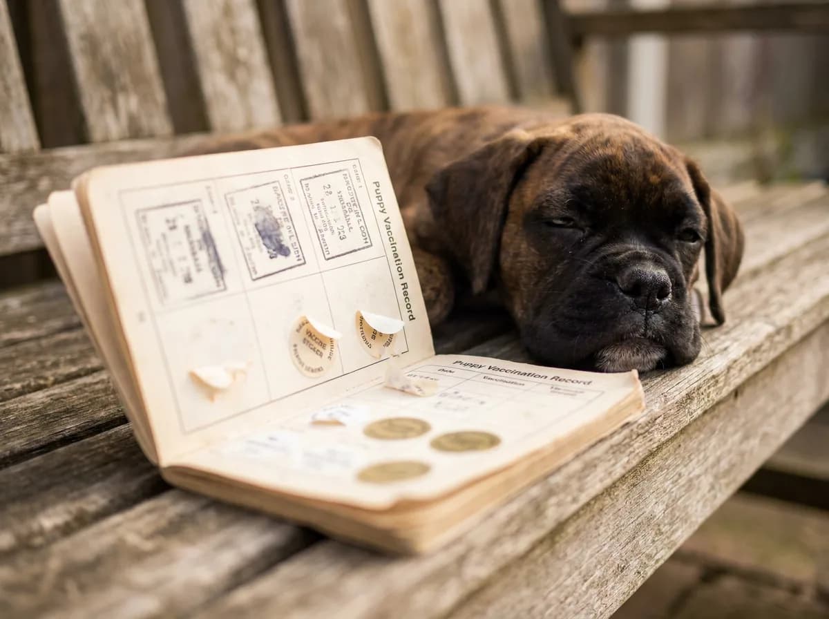 Open puppy vaccination record booklet with stamped entries and vaccine stickers on a wooden bench beside a sleepy brindle boxer puppy