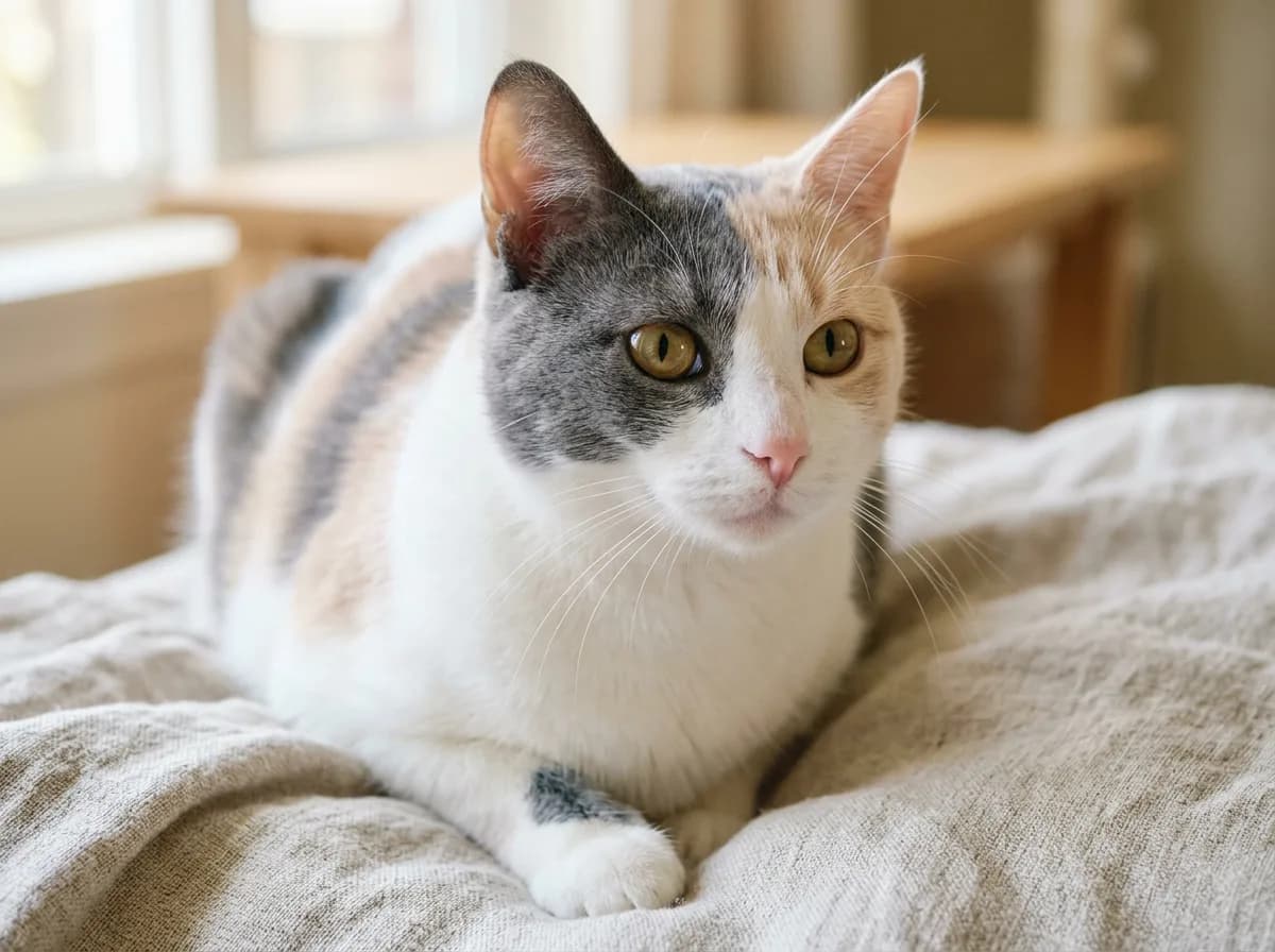 Close-up portrait of a dilute calico cat with soft blue-gray and cream patches on a white coat sitting on pale linen in window light