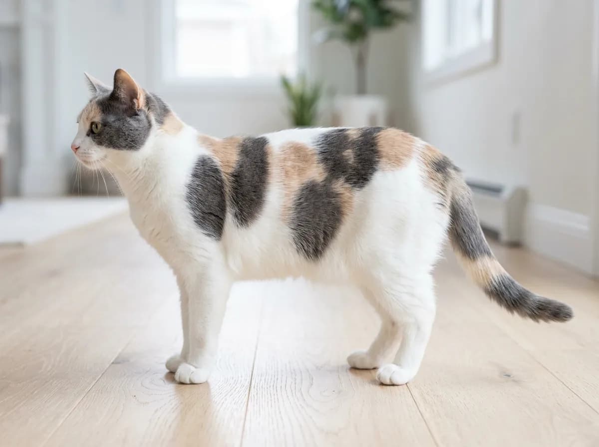 Dilute calico shorthair cat standing in profile showing soft blue-gray patches, cream patches, and white fur in even daylight