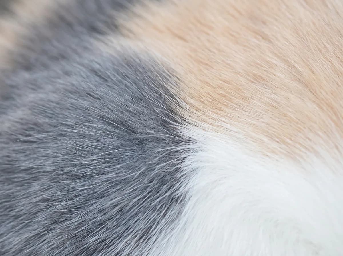 Macro close-up of dilute calico fur where a blue-gray patch meets a cream patch and white fur, with fine hair detail in soft light