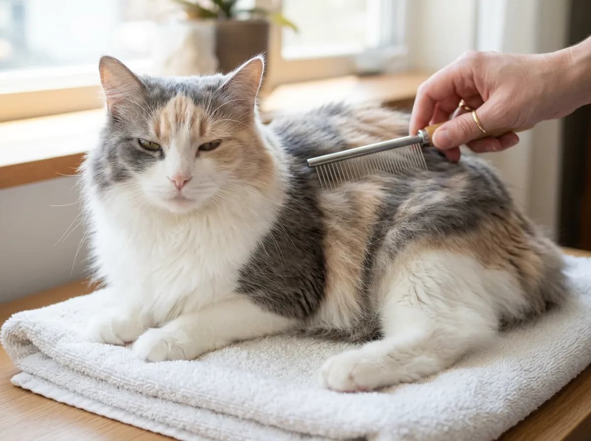 Long-haired dilute calico cat being gently combed by hand, its fluffy blue-gray and cream coat glossy in bright natural light