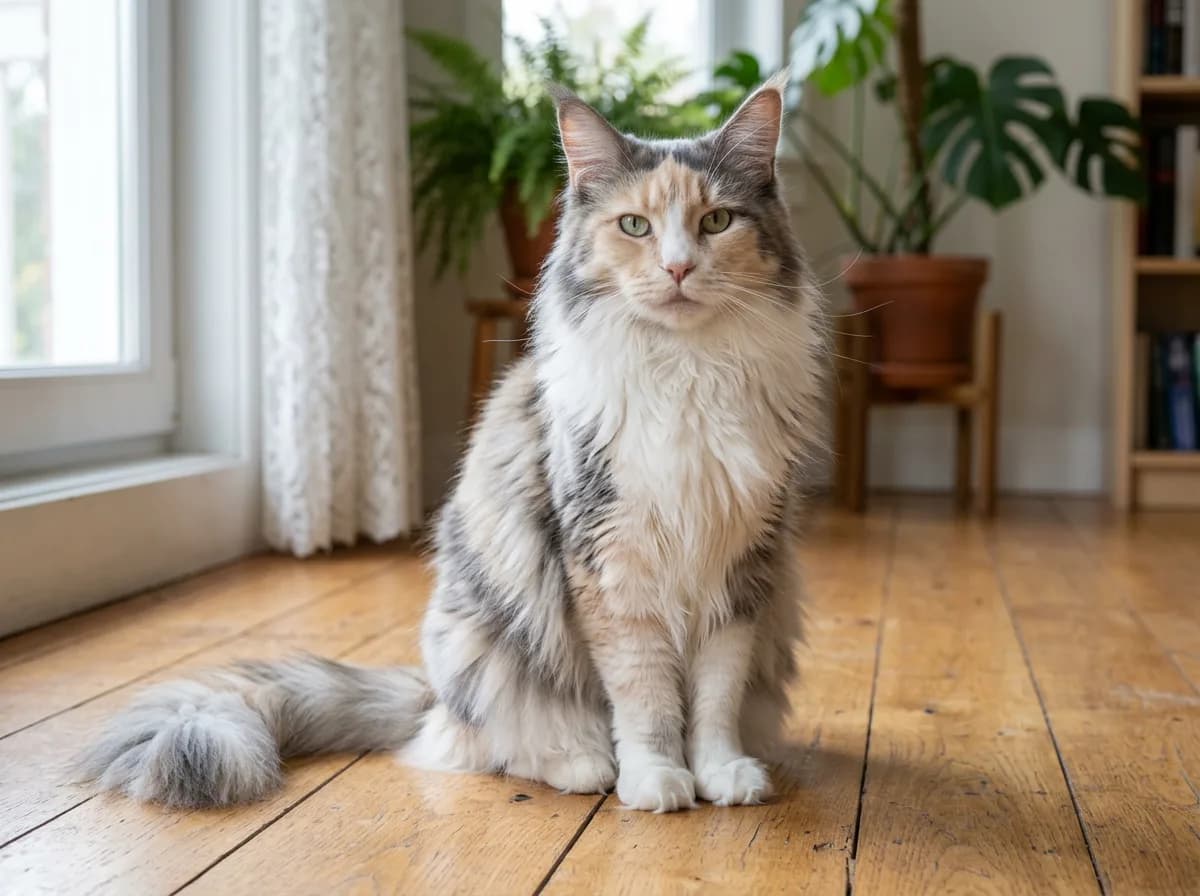 Long-haired dilute calico cat with fluffy blue-gray and cream patches on a white coat sitting upright on a wooden floor