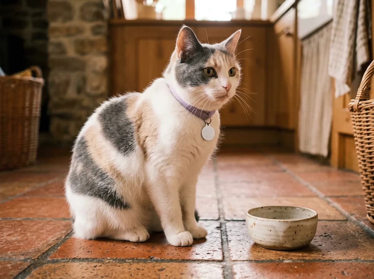 Dilute calico cat wearing a thin pastel collar with a blank tag sitting beside a ceramic food bowl on a kitchen floor