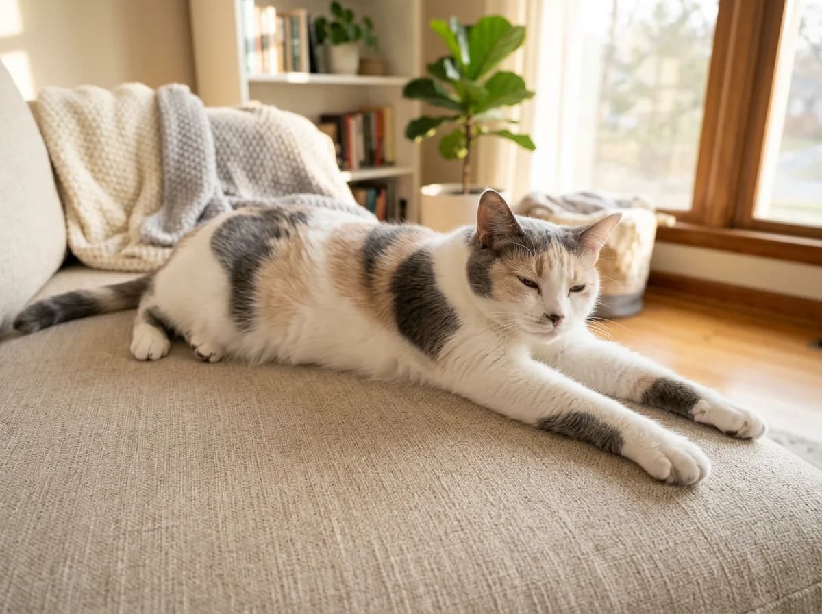 Relaxed dilute calico cat with blue-gray and cream patches stretching on a sunlit couch with eyes half closed