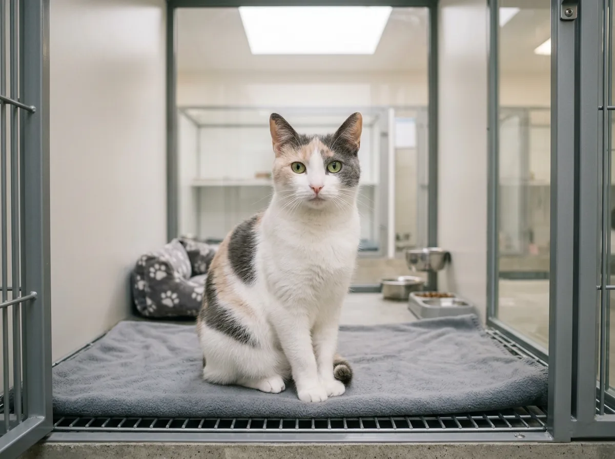 Adult dilute calico cat with blue-gray and cream patches sitting calmly in a clean animal shelter enclosure