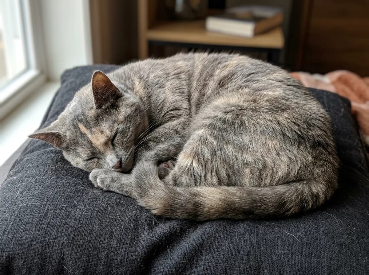 Dilute tortoiseshell cat with brindled blue-gray and cream fur and almost no white curled up asleep on a dark cushion