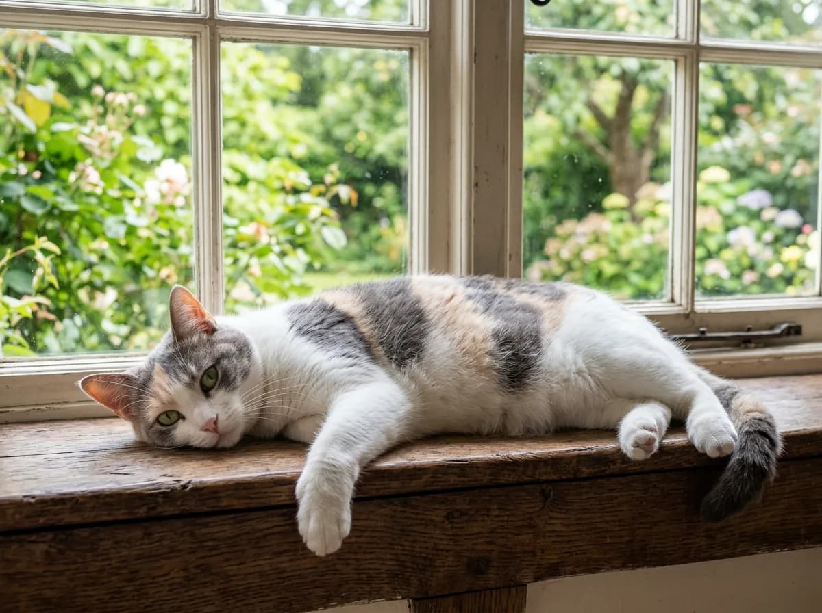 Rare male dilute calico cat with blue-gray and cream patches on white lounging on a windowsill in soft natural light