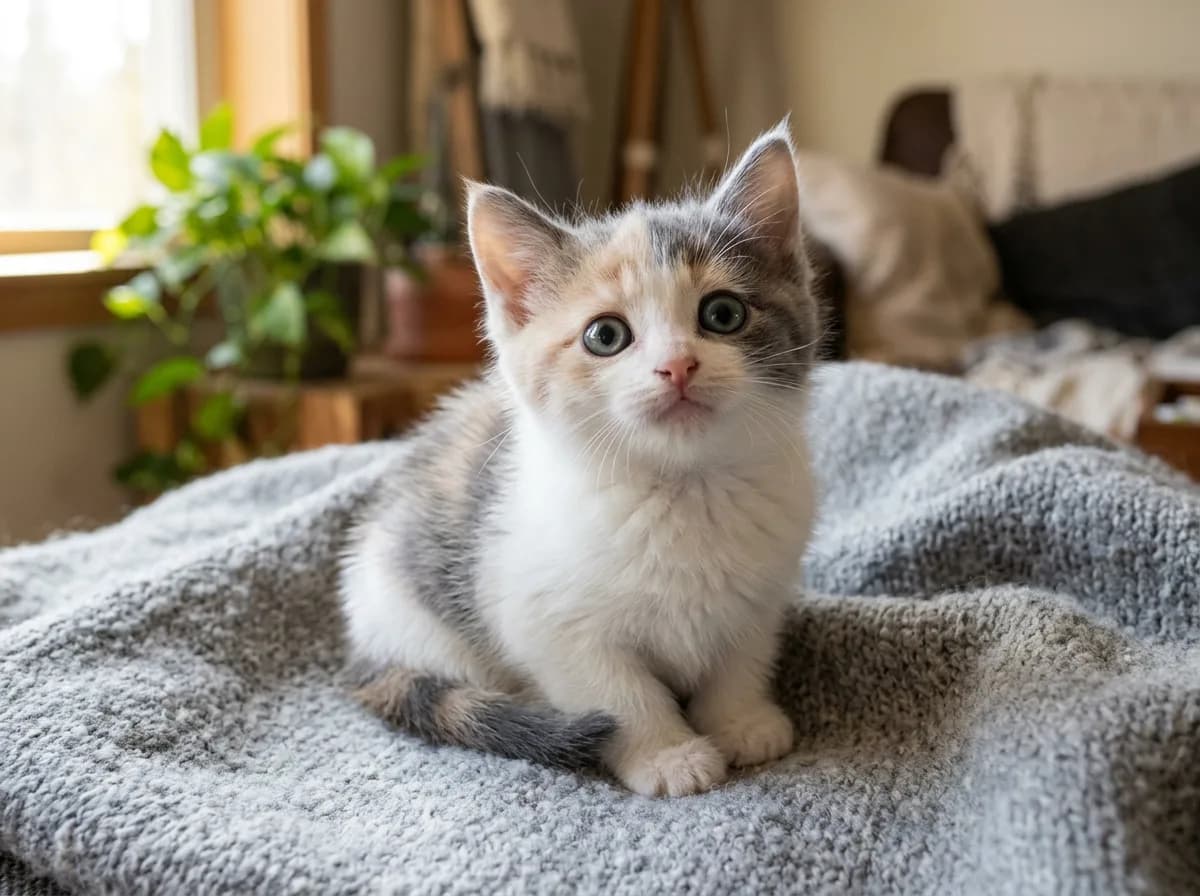 Young dilute calico kitten with delicate blue-gray and cream patches on white fur sitting on a soft gray blanket