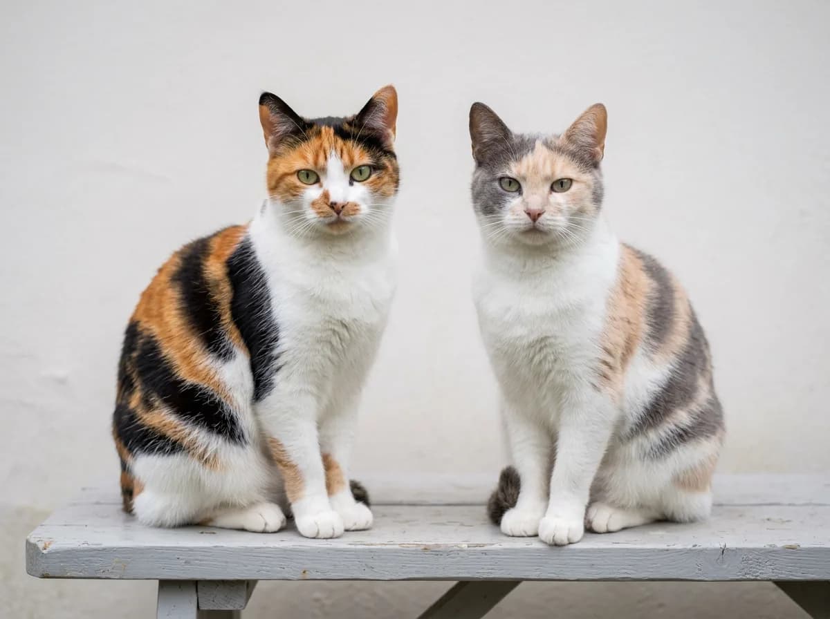 Standard calico cat with bold orange and black patches sitting beside a dilute calico with muted blue-gray and cream patches