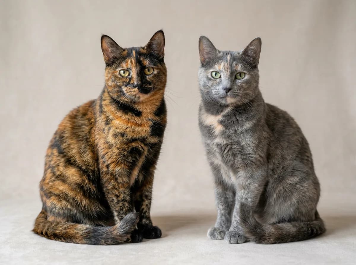 Side-by-side comparison of a standard black-and-orange tortoiseshell cat next to a pastel blue-cream dilute tortoiseshell cat, showing the same brindled pattern in vivid versus muted color