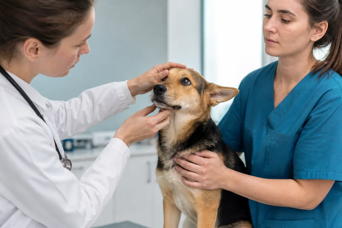 Veterinarian examining a young dog's eyes and neurologic responses with a technician's support