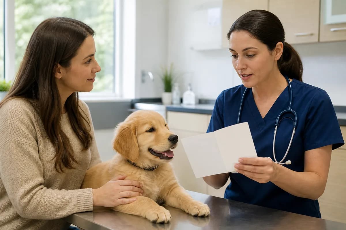 Veterinarian discussing a puppy's vaccination record with its owner