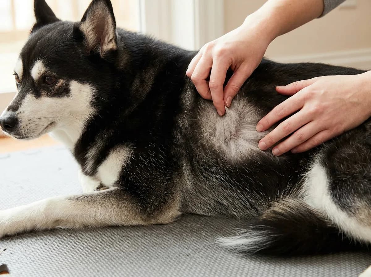 Caregiver parting an Alaskan Klee Kai’s dark coat to reveal the lighter undercoat