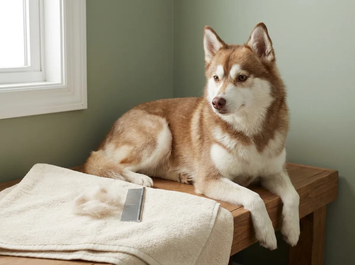 Red-and-white Alaskan Klee Kai beside a comb and loose hair on a towel