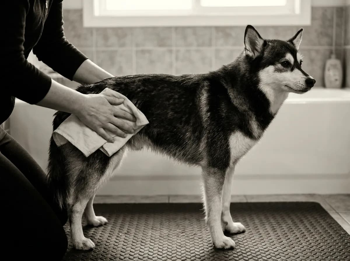 Caregiver drying an Alaskan Klee Kai’s coat with a towel
