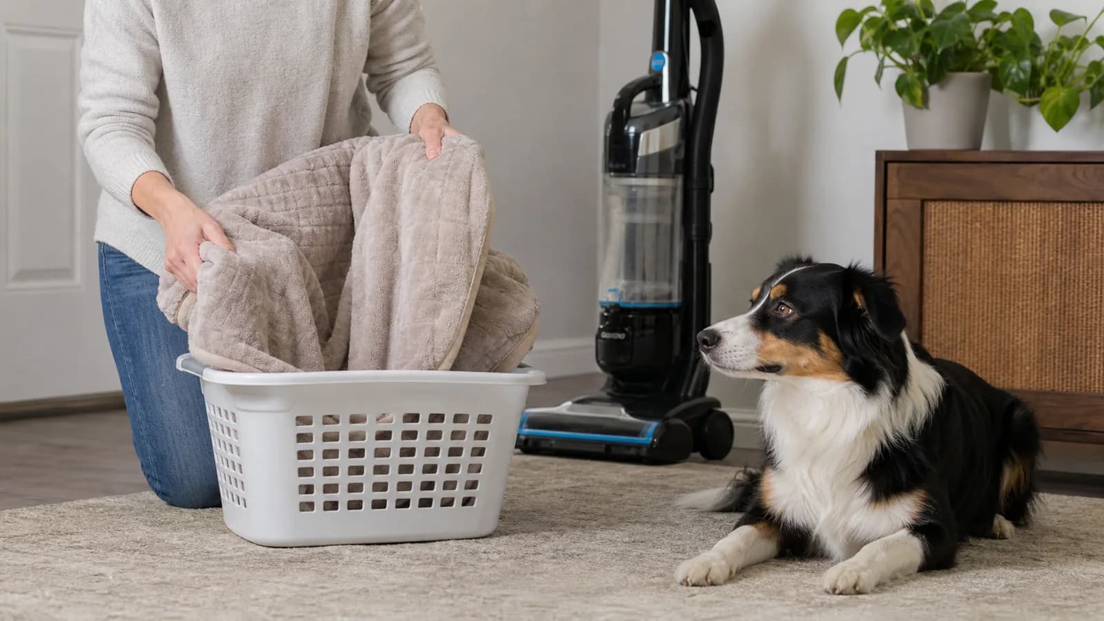 Owner placing washable dog bedding in a basket beside a sealed vacuum and a resting Border Collie