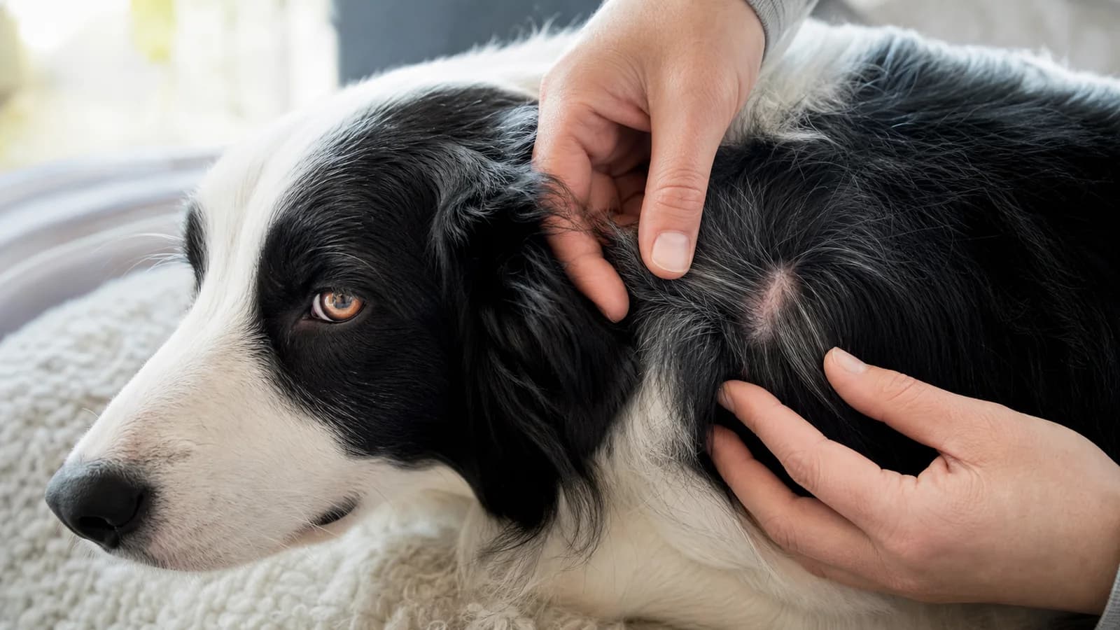 Owner parting a Border Collie's coat to inspect a small red thinning patch