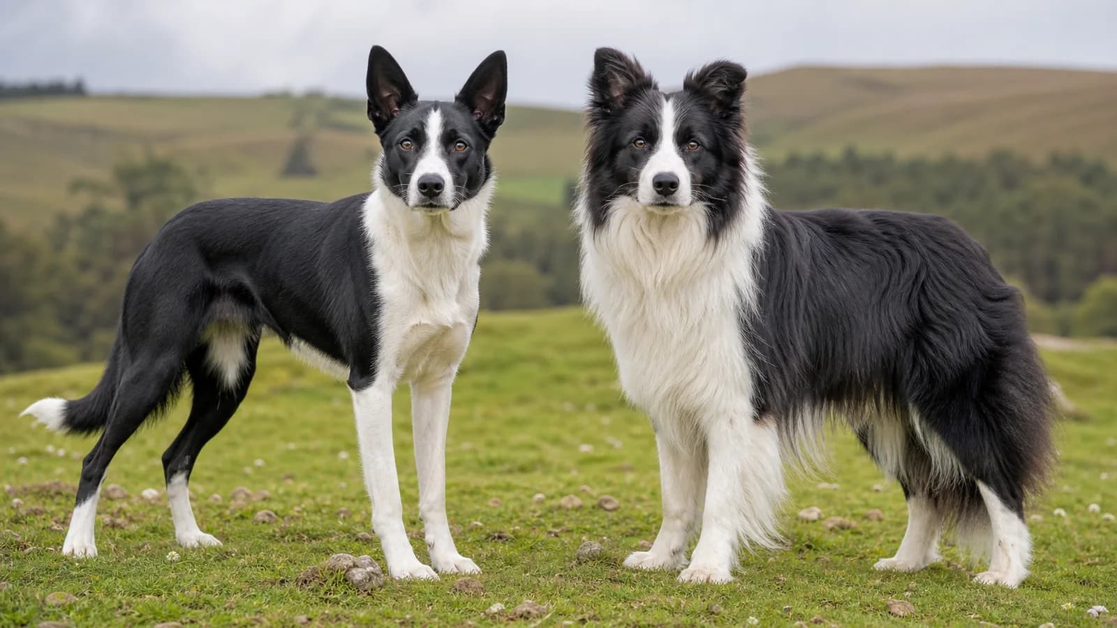 Smooth-coated and rough-coated Border Collies standing together to show different feathering