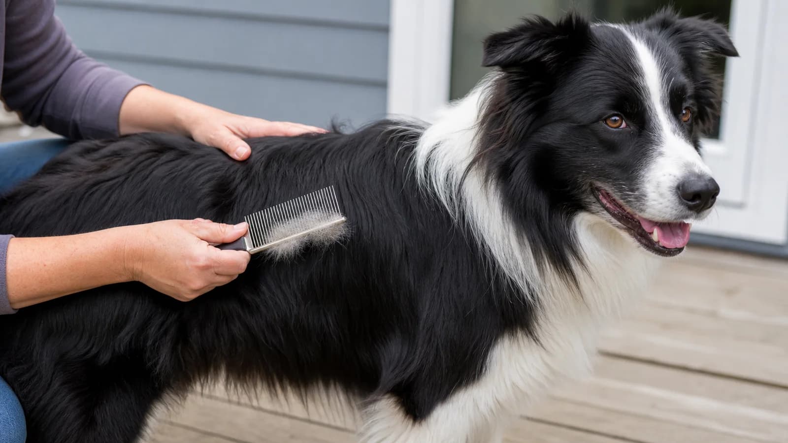 Loose pale undercoat visibly caught in a metal comb beside an unmatted black Border Collie coat