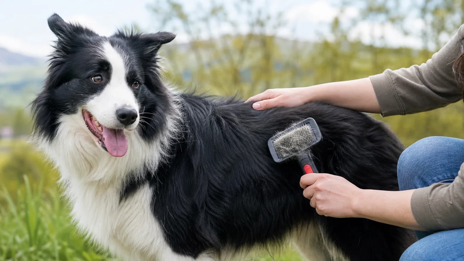 Rough-coated Border Collie being brushed outdoors during seasonal shedding