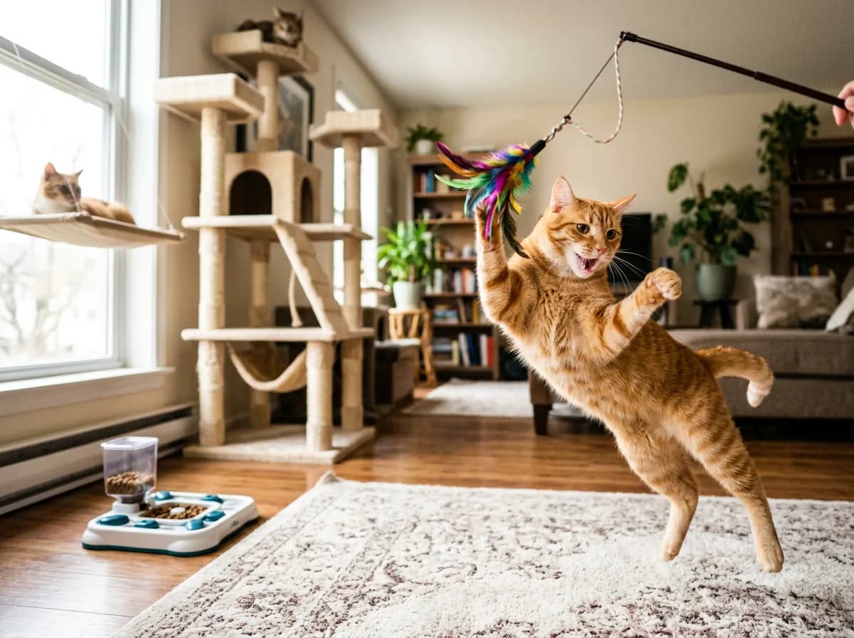 An orange cat playing with a feather wand toy near a cat tree and puzzle feeder