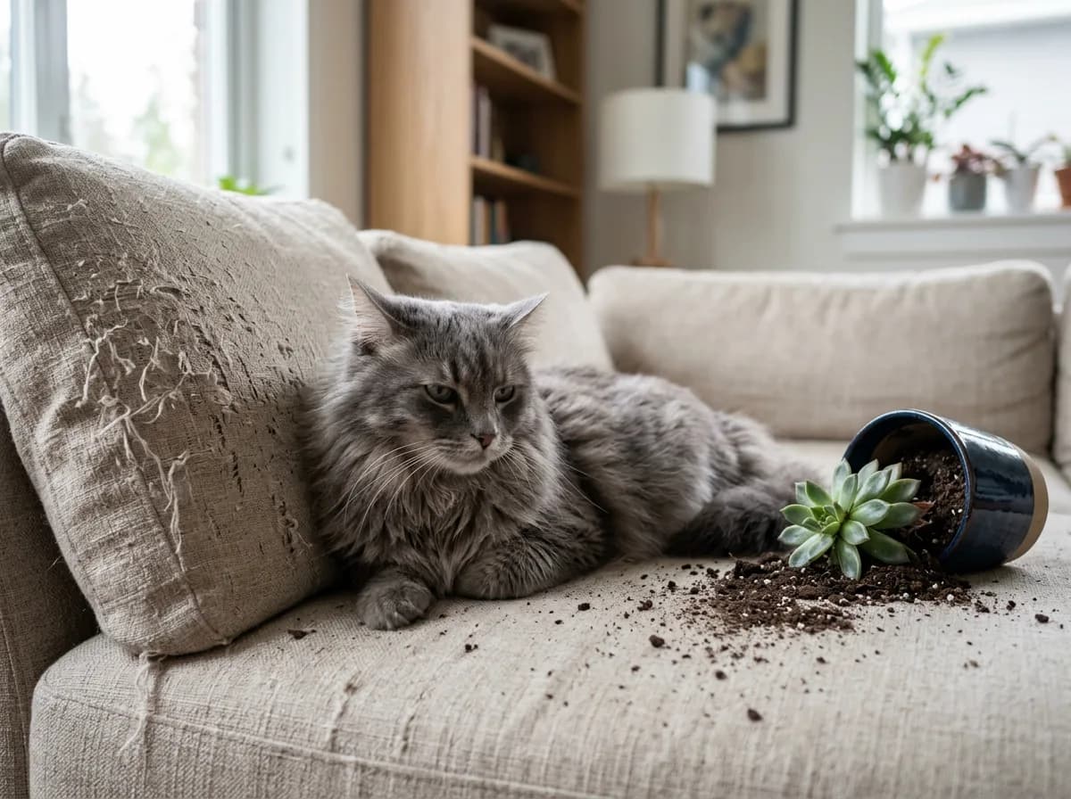 A gray longhaired cat looking subdued next to a knocked-over plant and scratched cushion, showing signs of a lonely or bored cat