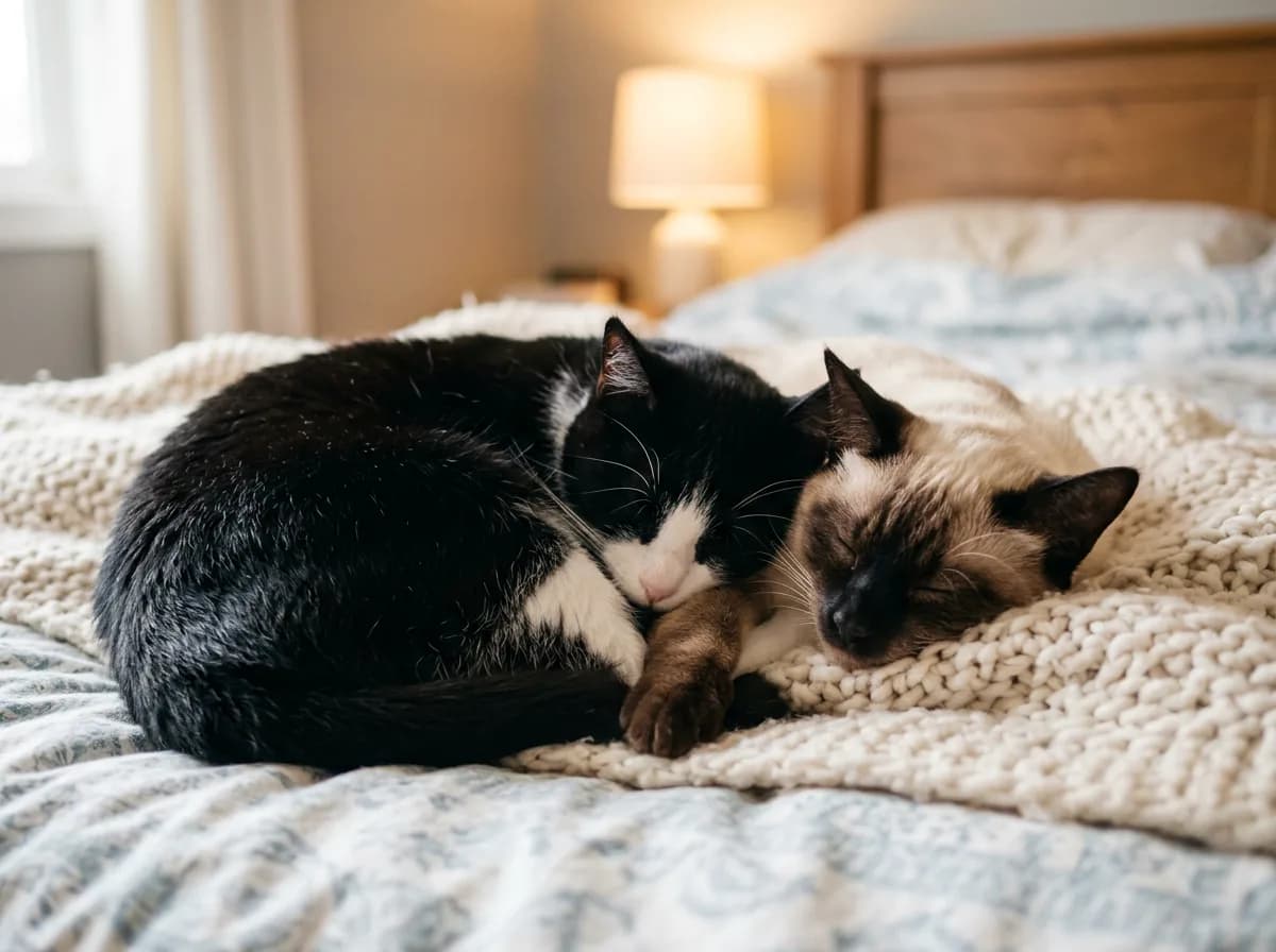 A tuxedo cat and a cream Siamese cat napping together on a blanket